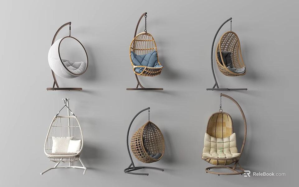 Stylish Garden Hanging Chairs With Various Designs And Comfortable Cushions For Outdoor Decor Accents 3d model 