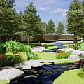 Scenic Landscape Bridge With Green Trees Wooden Fences And Winding Pathway