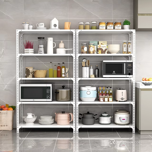 Kitchen Shelving Unit With Microwave Pots Bowls Jars And Kitchen Utensils 3d model