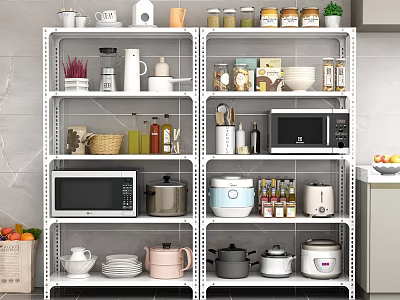 Kitchen Shelving Unit With Microwave Pots Bowls Jars And Kitchen Utensils 3d model
