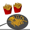 Crispy Golden French Fries in Red Paper Boxes and on Gray Plate with Fork