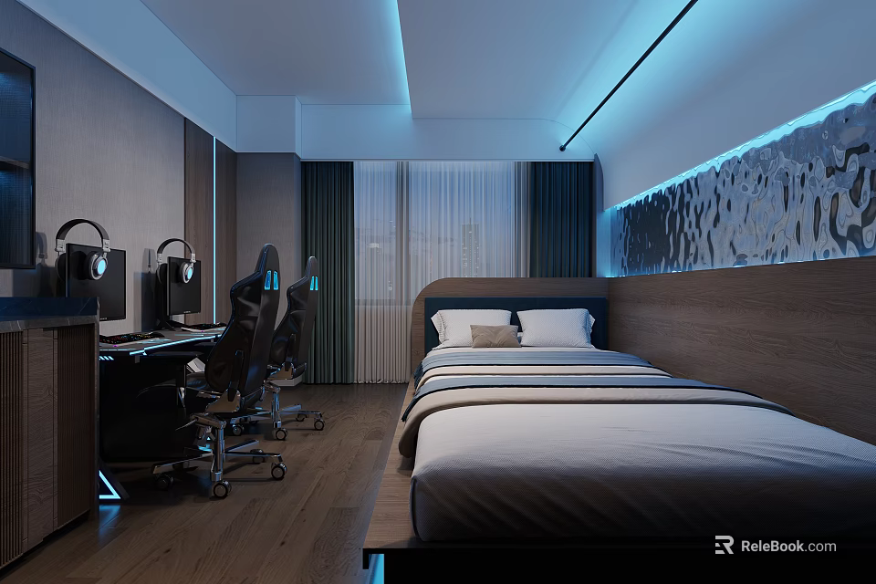 Modern Hotel Guest Room Interior With Bed Desk Chair And Blue Ambient Lighting 3d model 