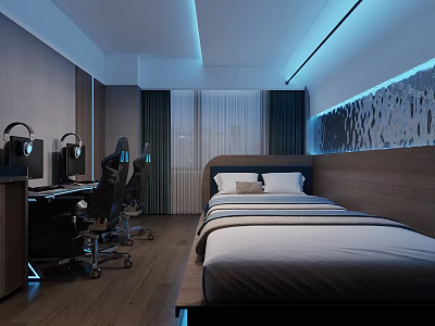 Modern Hotel Guest Room Interior With Bed Desk Chair And Blue Ambient Lighting 3d model