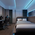 Modern Hotel Guest Room Interior With Bed Desk Chair And Blue Ambient Lighting