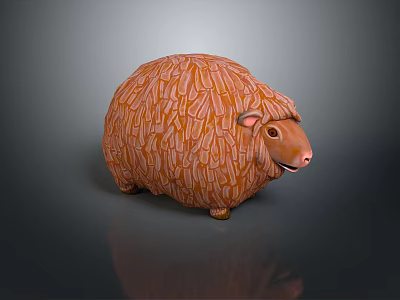 Orange Fibrous Round Shaped Sheep Figurine With Smiling Face And Ears 3d model