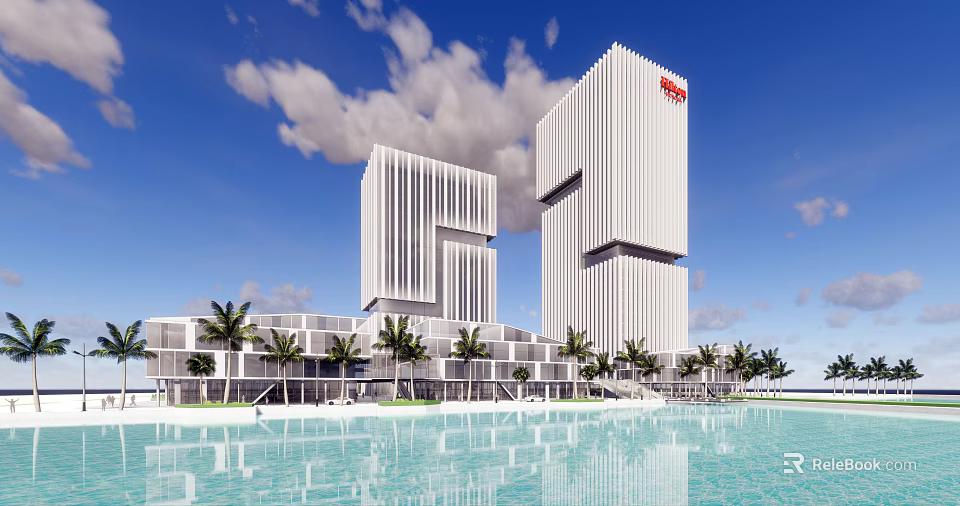 White High Rise Homestay Buildings Featuring Red Logo Palm Trees and Waterfront Under Blue Sky 3d model 