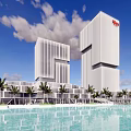 White High Rise Homestay Buildings Featuring Red Logo Palm Trees and Waterfront Under Blue Sky