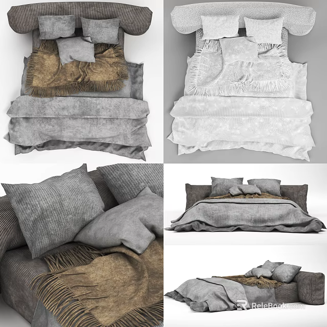 Double Bed With Gray And Brown Bedspread Soft Texture Pillows Cozy Design 3d model