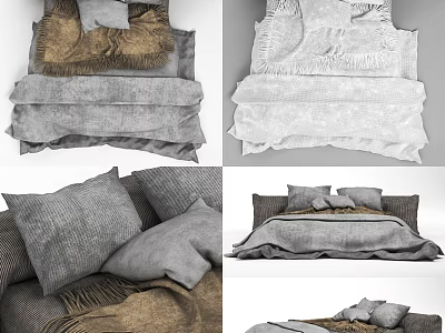 Double Bed With Gray And Brown Bedspread Soft Texture Pillows Cozy Design 3d model