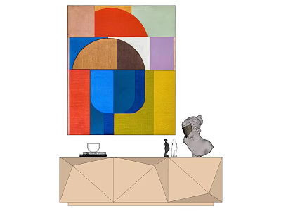 Modern Wooden Cabinet With Colorful Abstract Painting Sculpture And Decorative Items 3d model