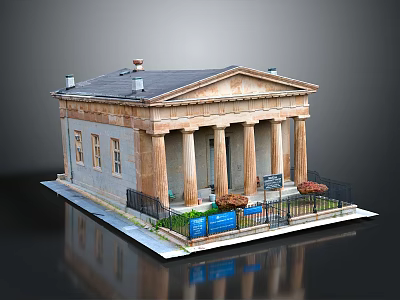 Cartoon Scene Featuring Classical Building Columns Gray Walls Black Roof Blue Signs And Flower Beds 3d model