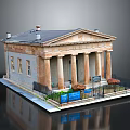 Cartoon Scene Featuring Classical Building Columns Gray Walls Black Roof Blue Signs And Flower Beds