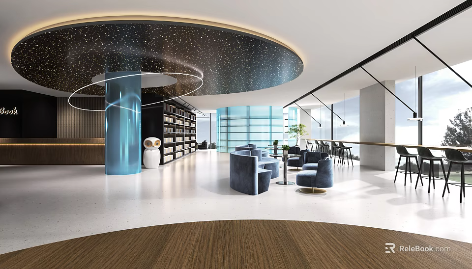 Modern Lounge Area Interior With Round Ceiling Blue Pillar And Comfortable Seating 3d model