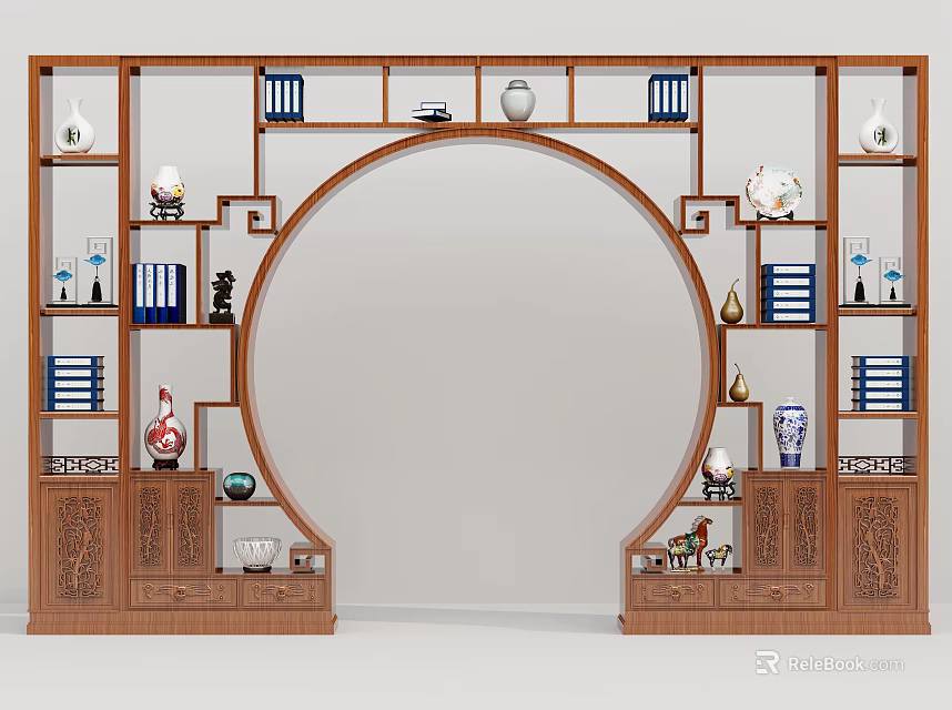 Traditional Wooden Chinese Curio Display Shelf With Circular Arch Design And Decorative Vases Books 3d model 