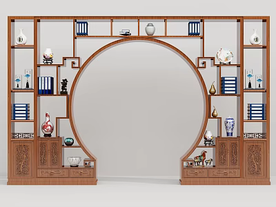 Traditional Wooden Chinese Curio Display Shelf With Circular Arch Design And Decorative Vases Books 3d model
