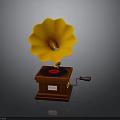 Vintage Gramophone With Yellow Horn Black Turntable Red Record And Brown Wooden Case