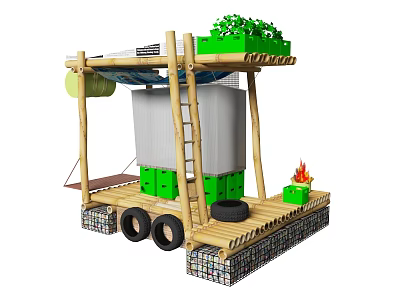 Wooden Boat Structure With Tires Green Containers Plants Ladder And Fire Pit 3d model