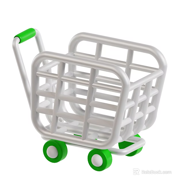White Mini Shopping Cart Decorative Ornament Set Featuring Green Handle And Wheels For Shelf Decor 3d model 