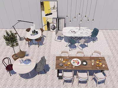 Modern Stylish Dining Chairs With Wooden Marble Tables Pendant Lights And Decorative Paintings 3d model