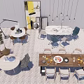 Modern Stylish Dining Chairs With Wooden Marble Tables Pendant Lights And Decorative Paintings