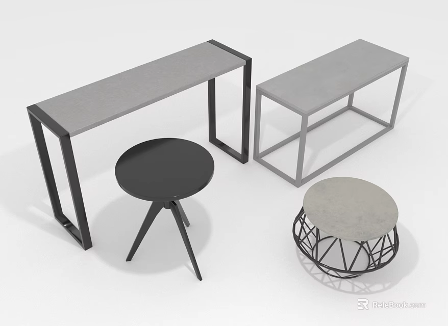 Modern Furniture Set with Concrete Top and Metal Frame Gray Black Bench and Stools 3d model 
