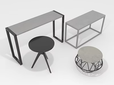 Modern Furniture Set with Concrete Top and Metal Frame Gray Black Bench and Stools 3d model
