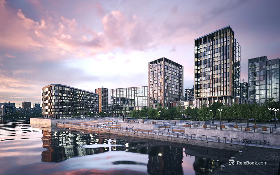 Modern Commercial Street With Tall Glass Facade Buildings And Waterfront View At Twilight 3d model 