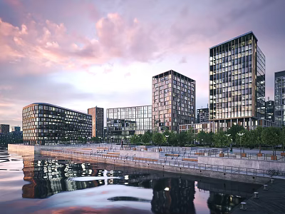 Modern Commercial Street With Tall Glass Facade Buildings And Waterfront View At Twilight 3d model