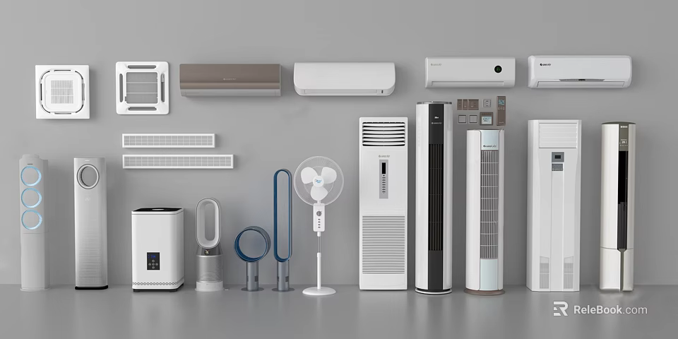 Various Modern Air Conditioners and Fans Including Wall Mounted Floor Standing Tower and Bladeless Designs 3d model 