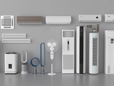 Various Modern Air Conditioners and Fans Including Wall Mounted Floor Standing Tower and Bladeless Designs 3d model