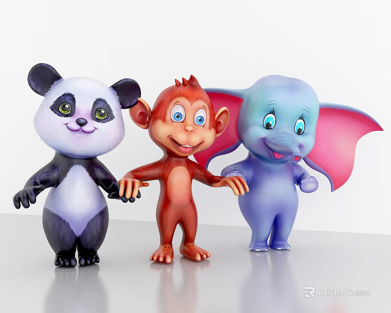 Cute Cartoon Stuffed Toys with Panda Monkey Elephant and Cheerful Expressions 3d model 