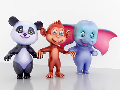 Cute Cartoon Stuffed Toys with Panda Monkey Elephant and Cheerful Expressions 3d model