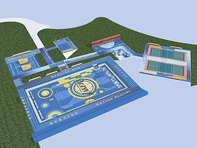 Outdoor Sports Facilities Design Featuring Basketball Tennis Courts Green Lawn And Roads 3d model