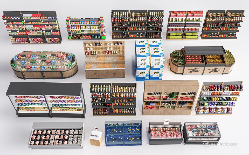 Diverse Retail Display Shelves For Grocery Beverage Snack Merchandise With Multi Tiered Modern Design 3d model 
