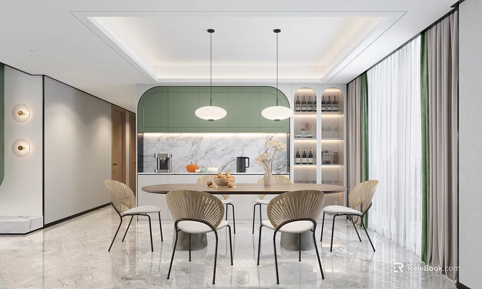 Elegant Modern Restaurant Interior Design With Dining Table Chairs And Pendant Lights 3d model