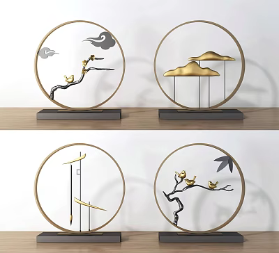 Traditional Chinese Decorative Ornament Set With Circular Frames Birds Clouds And Branches 3d model