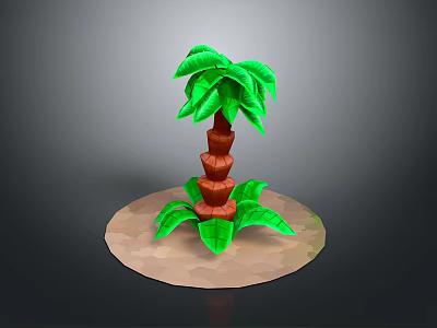 3D Model Palm Tree with Green Leaves and Brown Trunk on Sand Base 3d model