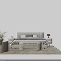 Modern Double Bed with Upholstered Headboard Bedding Pillows Nightstands Table Lamp and Bench on Rug