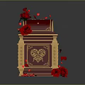 Elegant Red Decorative Box With Golden Ornate Trim And Fresh Roses Scattered Petals