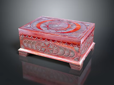 Decorative Handcrafted Wooden Storage Box With Intricate Carved Patterns And Red Tone Design 3d model