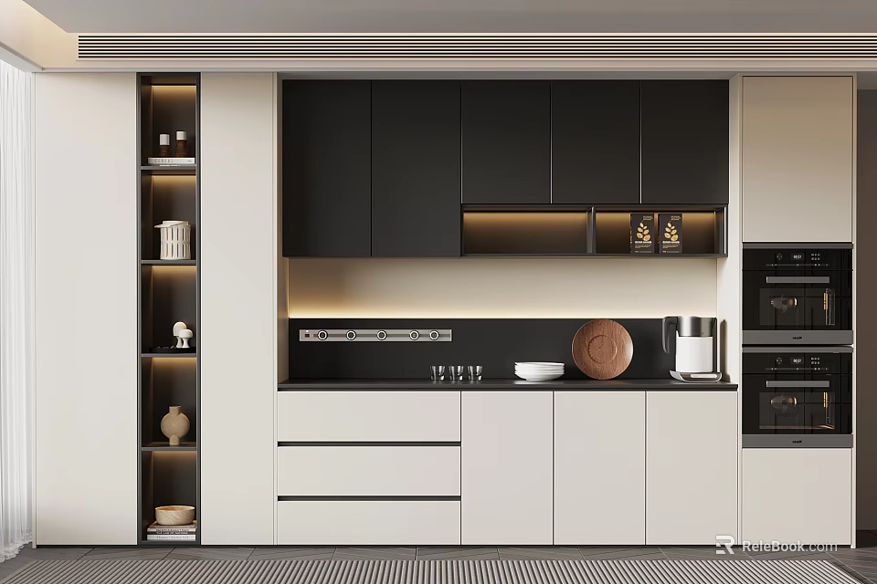 Modern Wine Cabinet Design In Open Kitchen With Black And White Cabinets And LED Lighting 3d model 