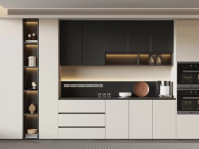 Modern Wine Cabinet Design In Open Kitchen With Black And White Cabinets And LED Lighting 3d model