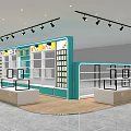 Bright Dessert Shop in Mall with Blue Counter Display Shelves Pendant Lights and Cartoon Decorations