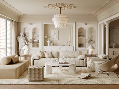 Elegant Modern Living Room Interior With Beige Sofa Crystal Chandelier And Woven Rug 3d model
