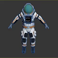 Man In 3D Rendered Astronaut Suit With Orange White Stripes And Blue Helmet