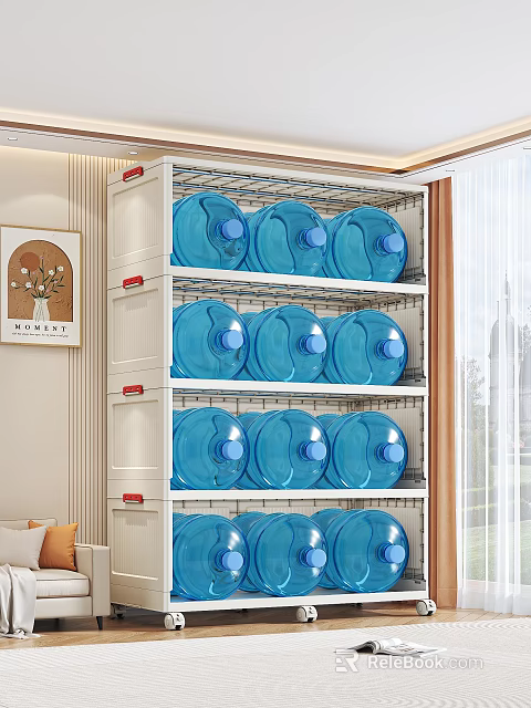 White Storage Cabinet With Multiple Shelves Holding Blue Water Bottles In Indoor Setting 3d model 