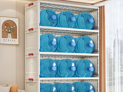 White Storage Cabinet With Multiple Shelves Holding Blue Water Bottles In Indoor Setting 3d model