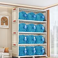 White Storage Cabinet With Multiple Shelves Holding Blue Water Bottles In Indoor Setting