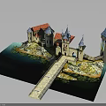 Medieval Castle Architecture with Red Roofs Towers Bridge and Surrounding Water
