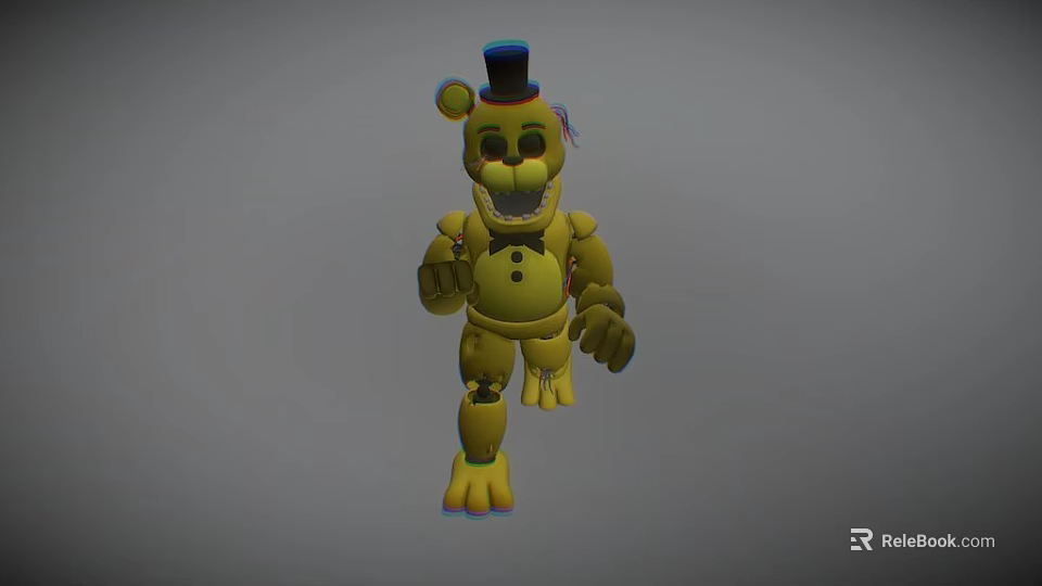 Yellow Cartoon Toy Character Wearing Colorful Top Hat And Bow Tie With Mechanical Features 3d model 
